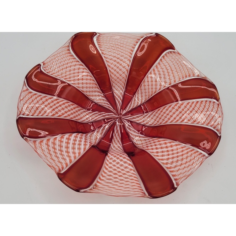 Vtg Murano Art Glass Dish Latticino Zanfirico Ruby Red Symmetrical Swirl 6x5in